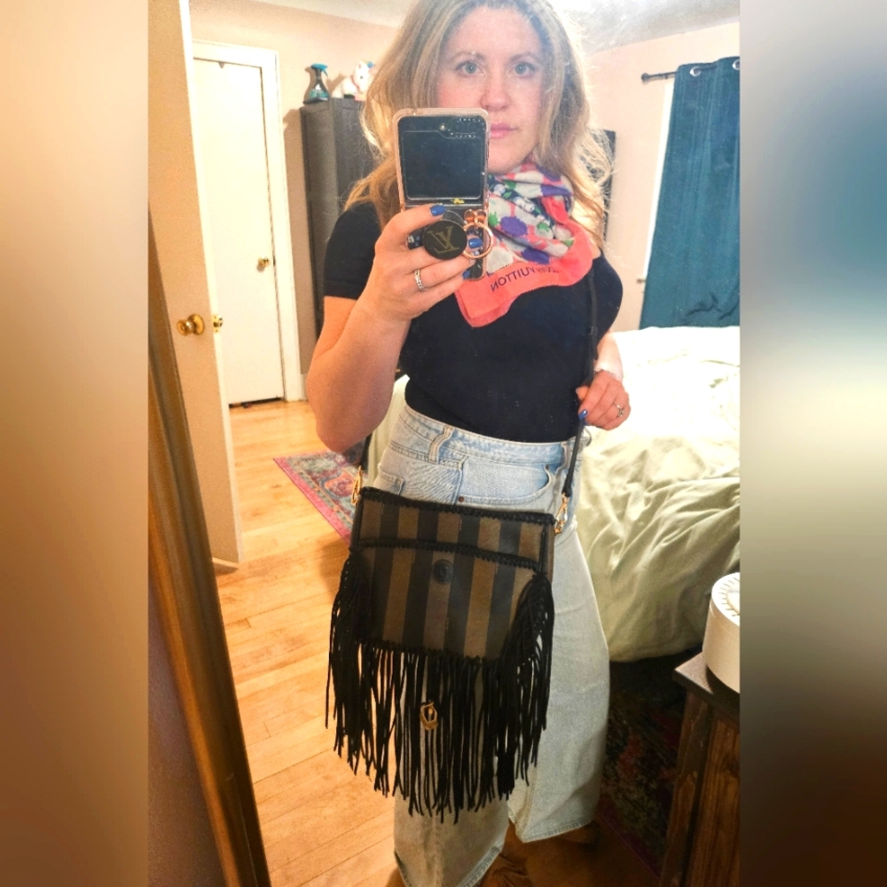 Fendi Black and Tan Striped Fringe Crossbody Bag - Picture 9 of 9